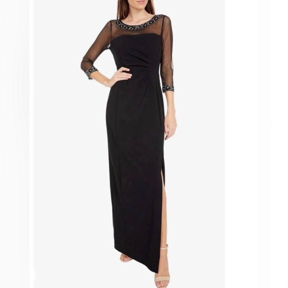 Tahari ASL Black Beaded Ruched Sheer Illusion Neck Long Sleeves Gown Size 14 NWT